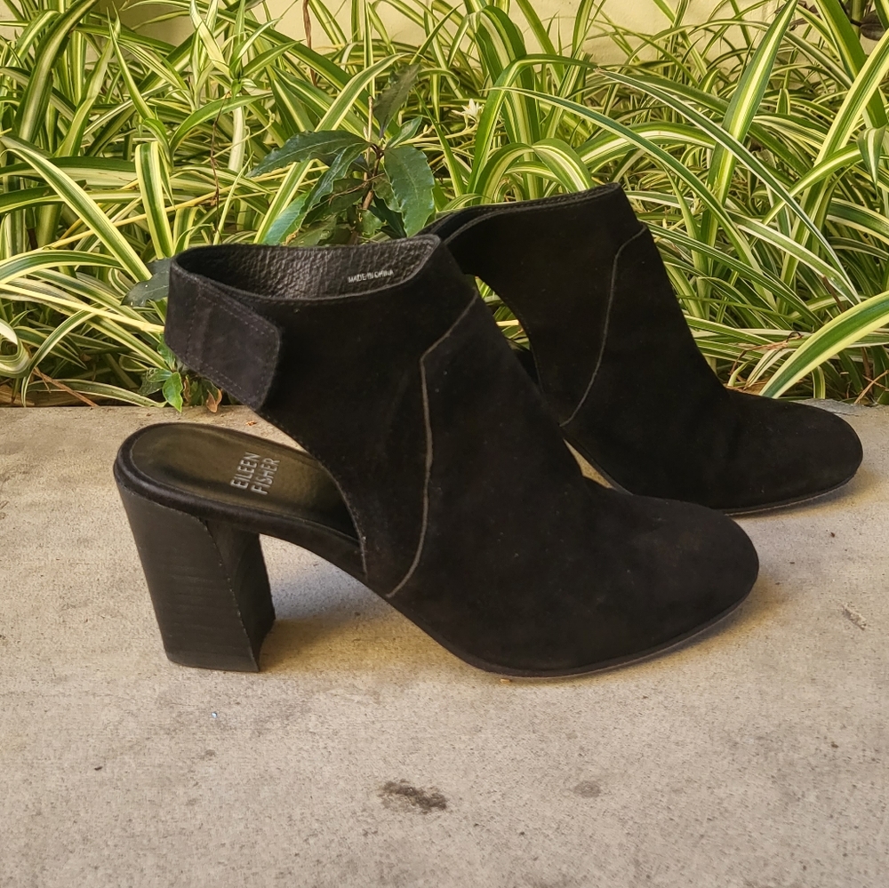 Eileen Fisher Black Suede Slingback Booties Cutout Chunky Heel 6